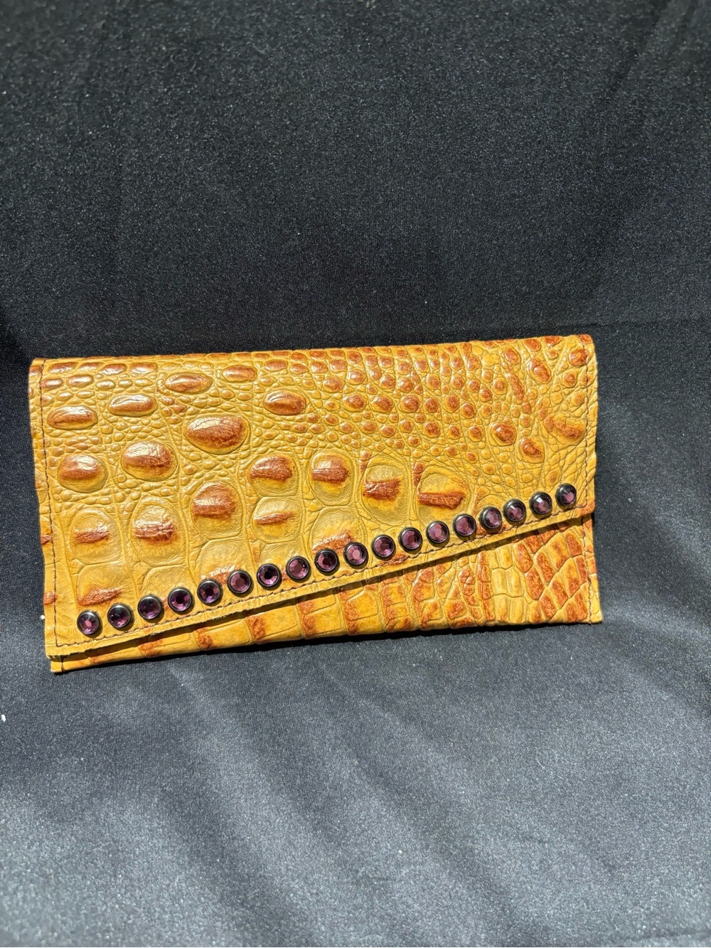 Raviani Croc-Embossed Yellow Clutch with Purple Gem Studs